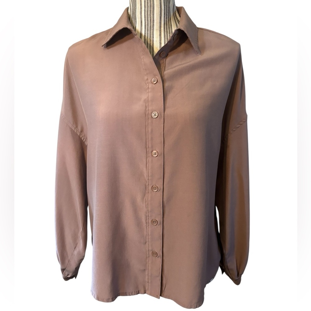 NEW Prologue Blouse XS Button-Down Shirt Mauve Taupe Rayon Polyester Long Sleeve